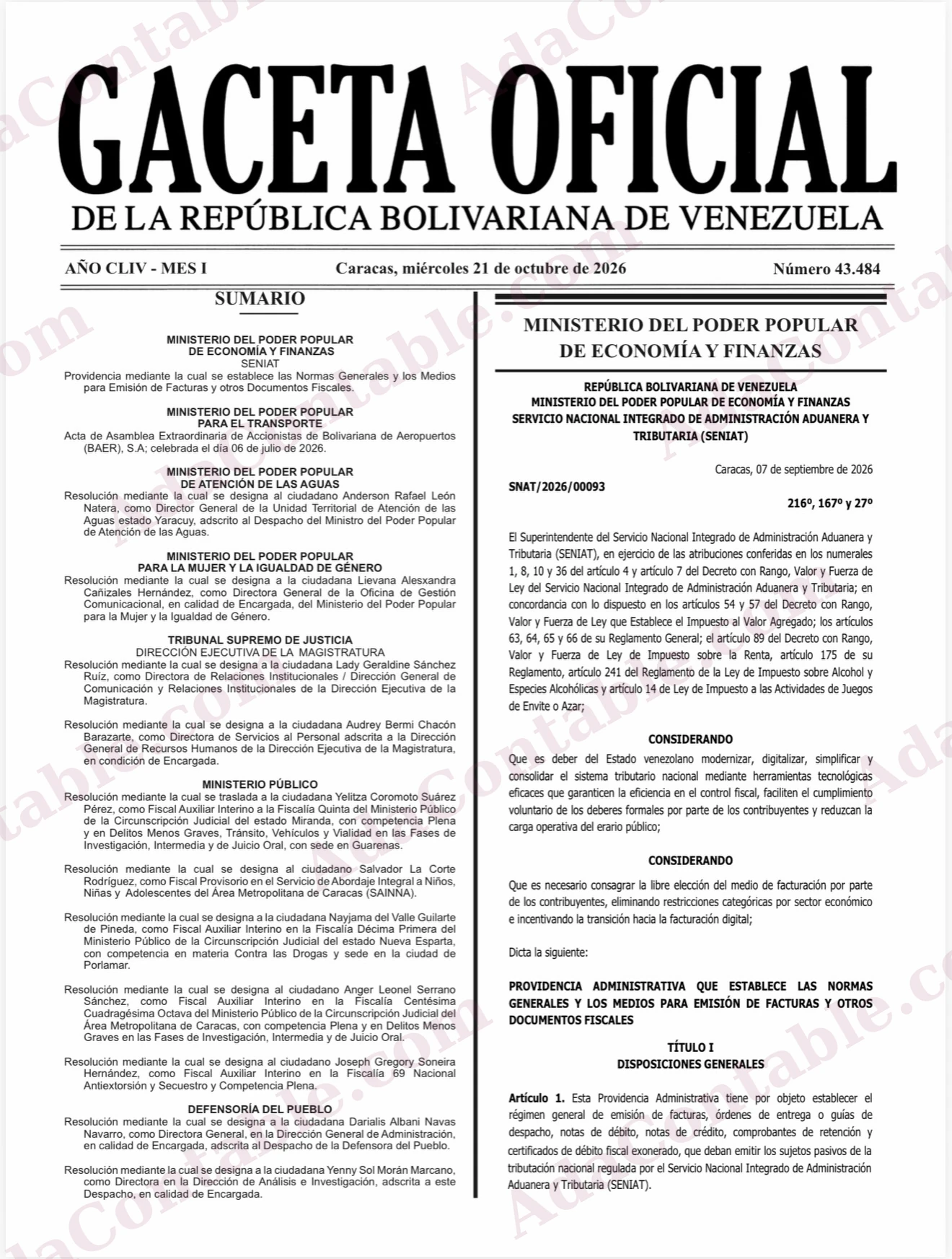 Portada de la Gaceta Oficial N.º 43.484 con la Providencia SNAT/2026/00093.