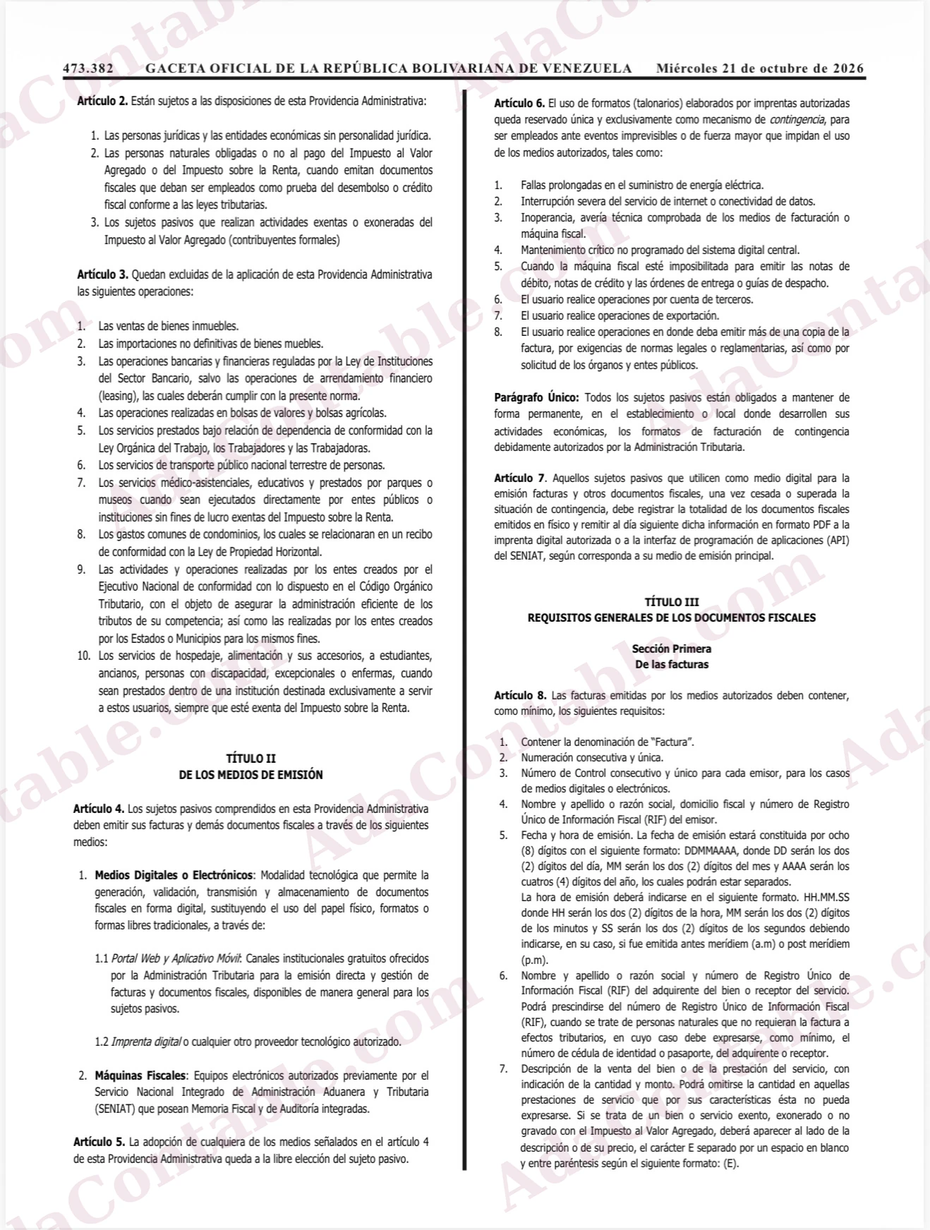 Página de la Gaceta Oficial N.º 43.484 con los medios de emisión de facturas.