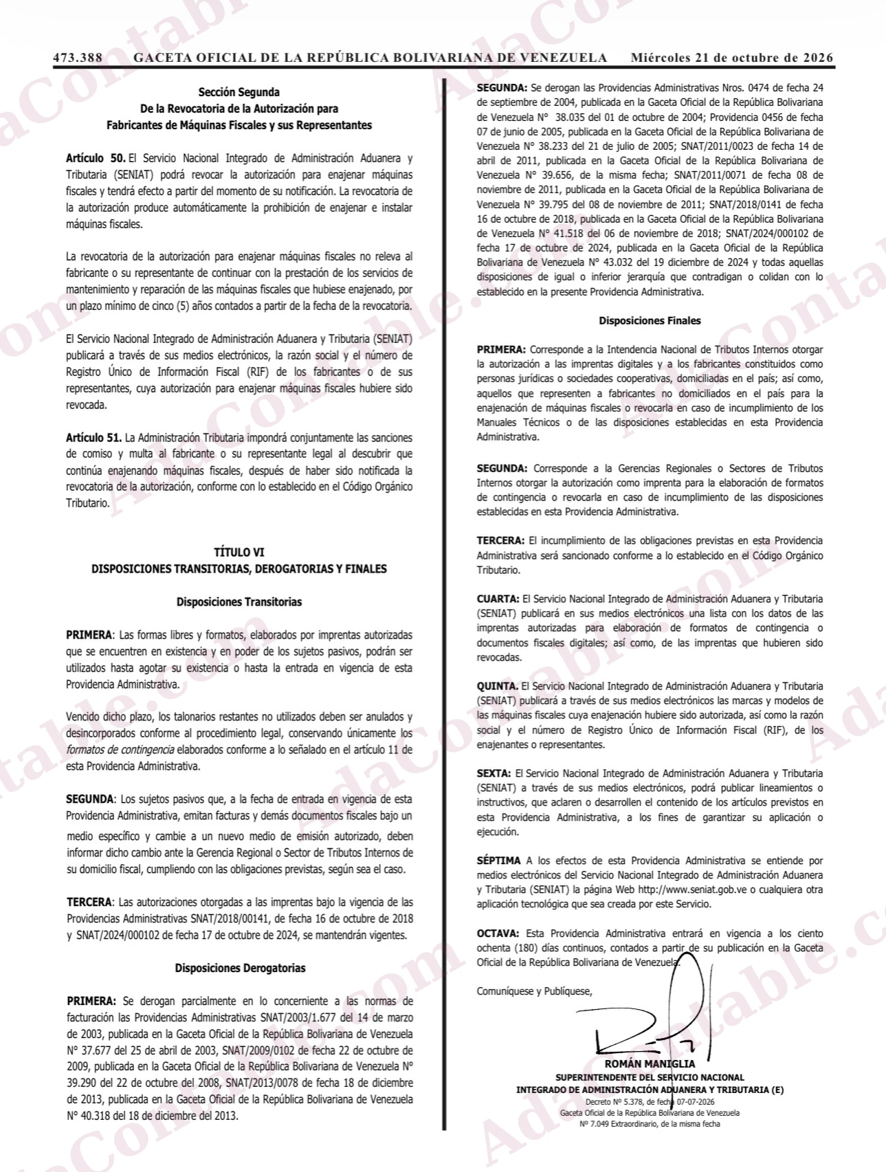 Página de la Gaceta Oficial N.º 43.484 con las disposiciones derogatorias.